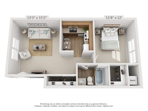 Floor plan for 1 bed, 1 bath, 600 sqft